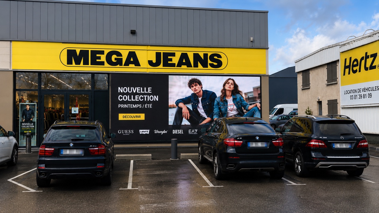 Écran LED publicitaire sur la façade d'une enseigne de prêt-à-porter