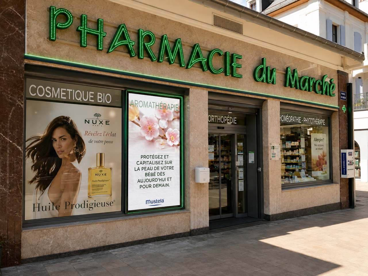 Écran LED en vitrine d'une pharmacie