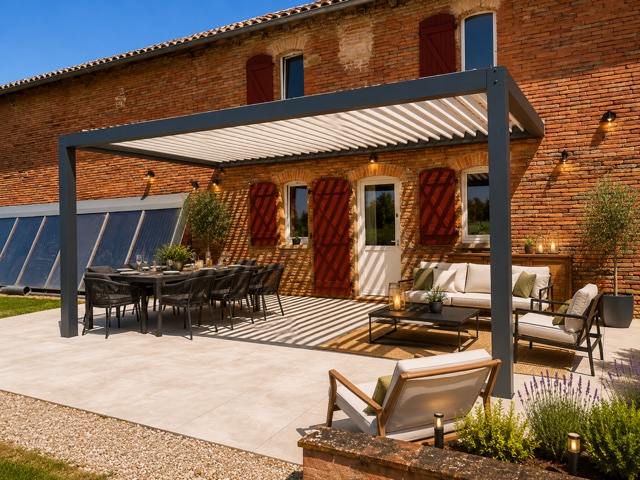 Pergola bioclimatique sur une terrasse en pierre