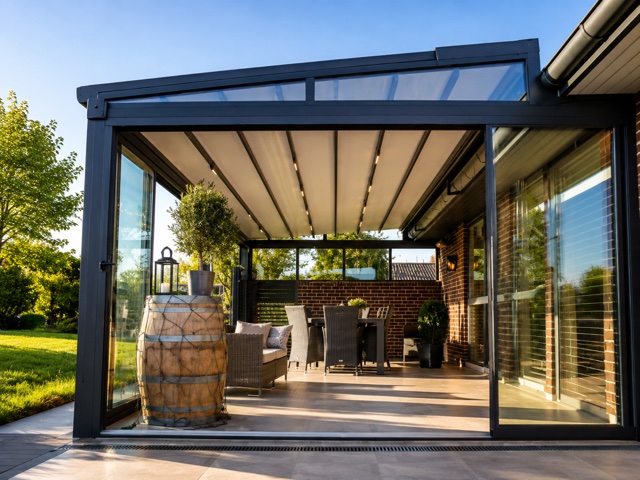 Pergola vitrée adossée avec vue sur le jardin